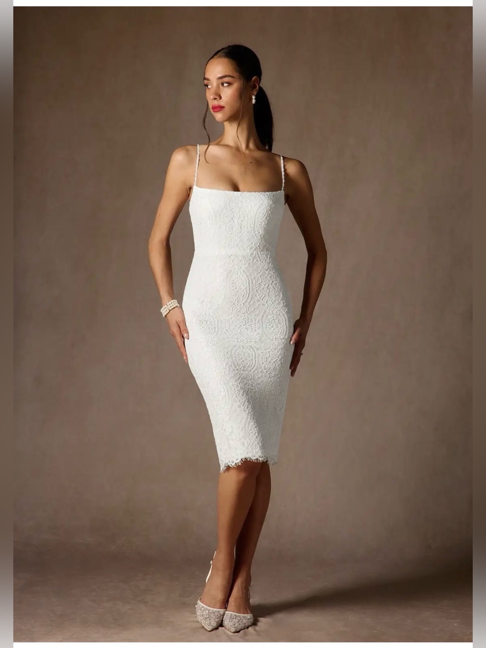 Azazie Kat White Sheath Straight Lace Midi Dress